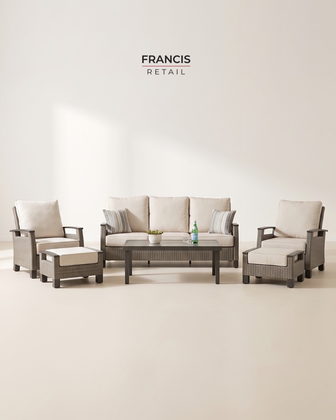 GRAND LEISURE LAS PALMAS 6-PIECE PATIO SET — ONLY $1,259.99! 🌴

Dark woven frames. Light cushions. 