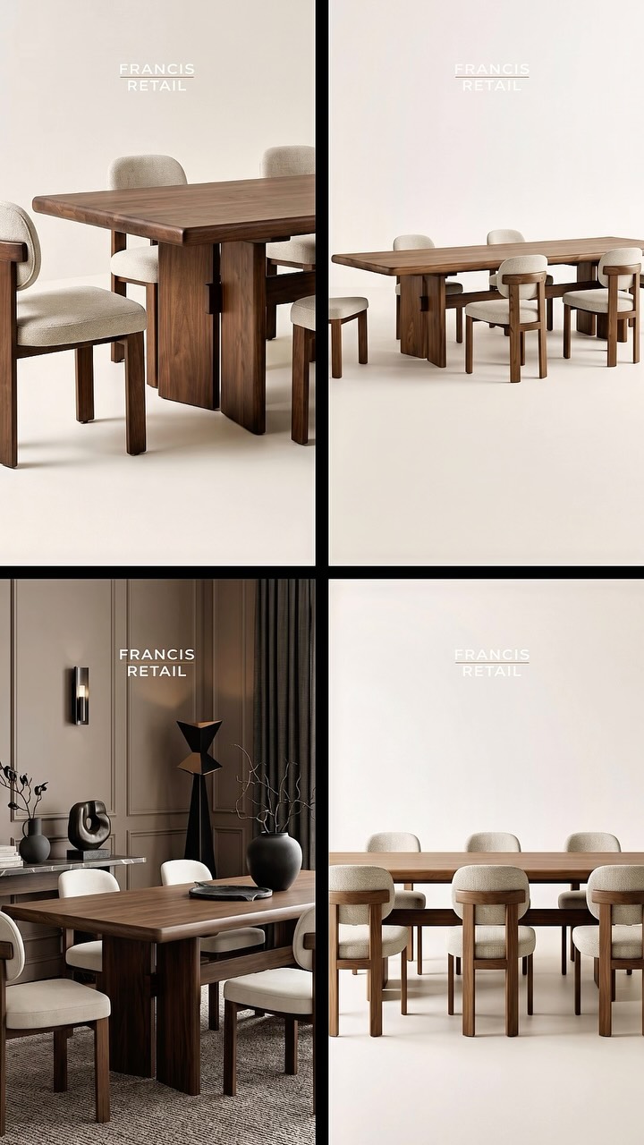 Every angle, same answer: this is the piece.

A dark wood dining table with sculptural round-back ch
