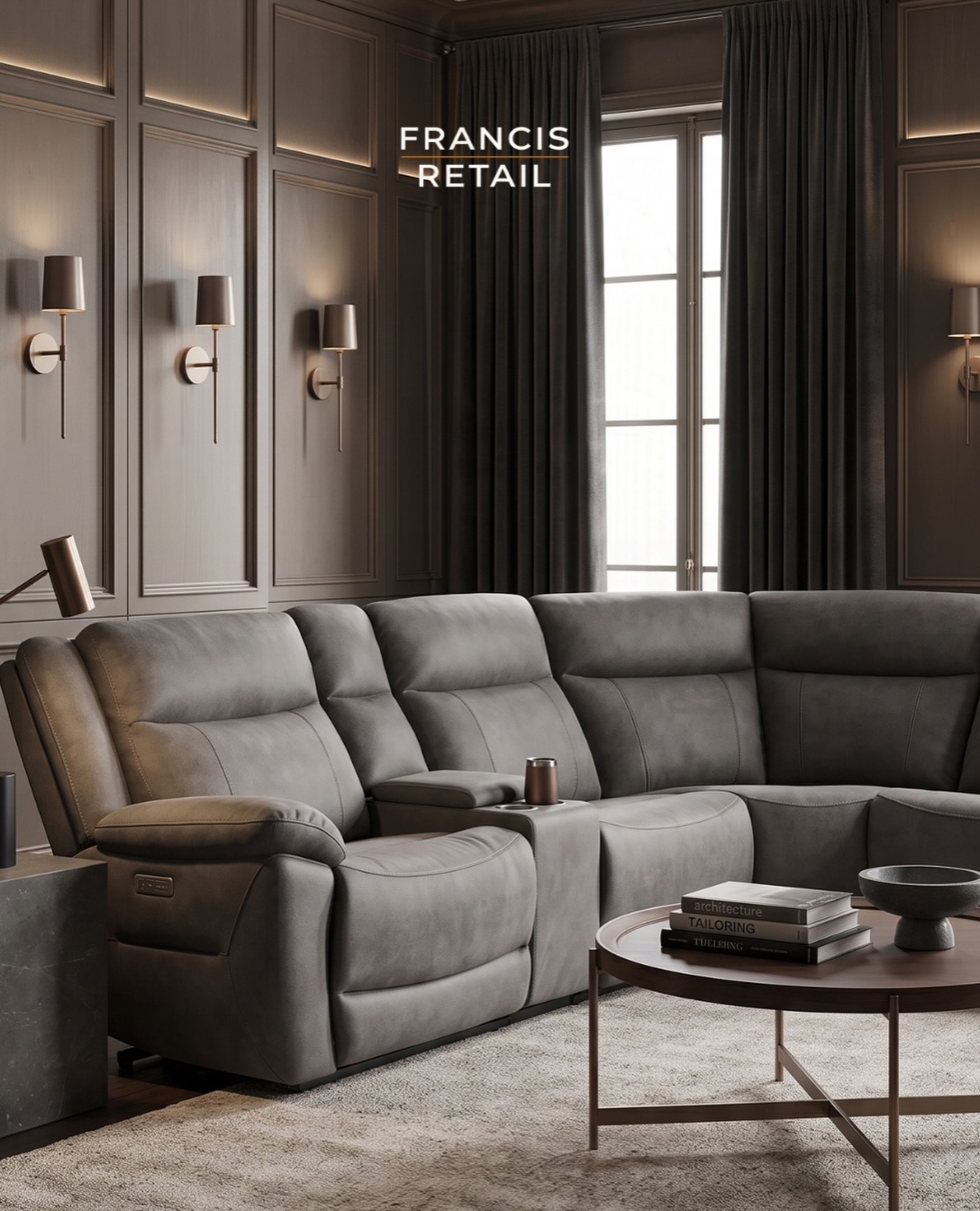 Reclines on both ends, seats the whole family.

A full sectional in soft charcoal fabric, power recl