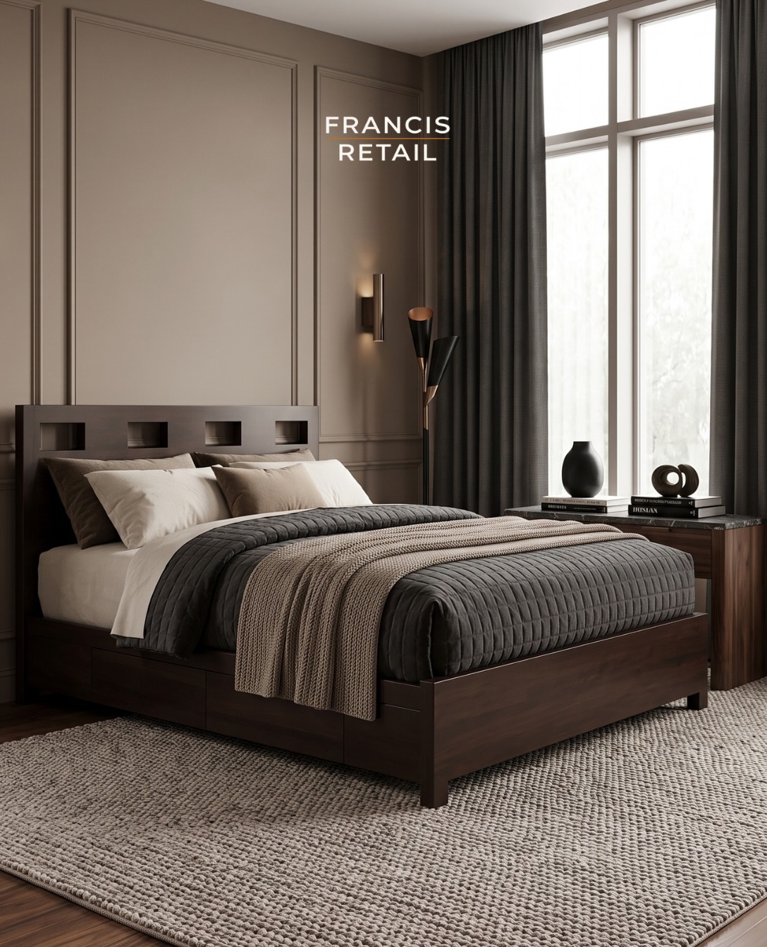 Drawers built into a Cal King frame — no dresser needed.

Under-bed storage drawers on both sides, a