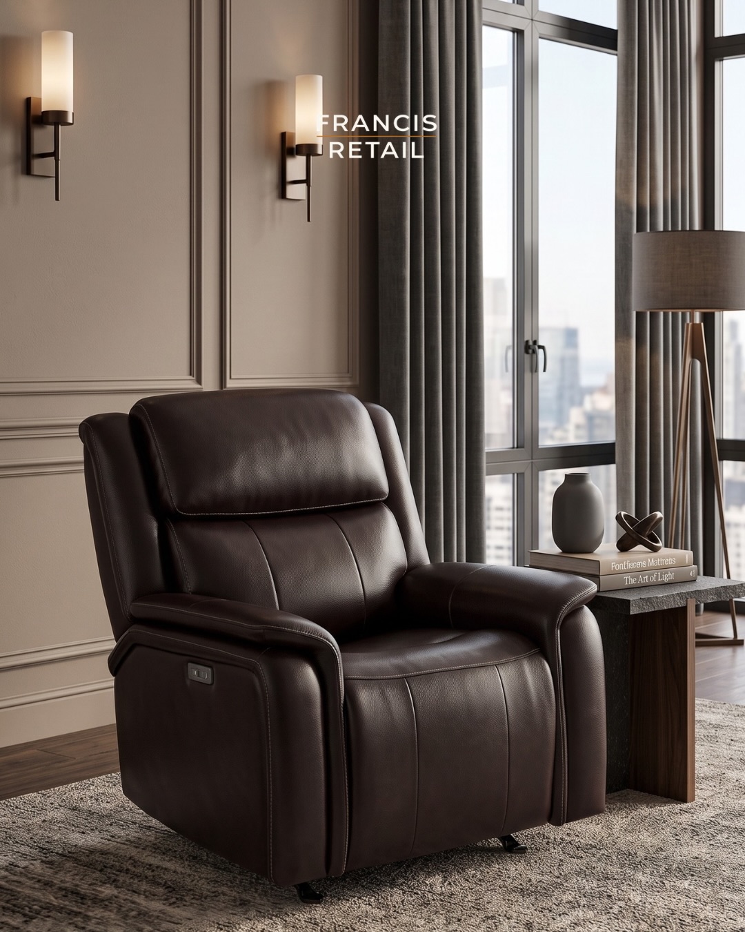 It rocks. It reclines. It’s brand new.

Rich brown leather from BarcaLounger, a power rocker mechani