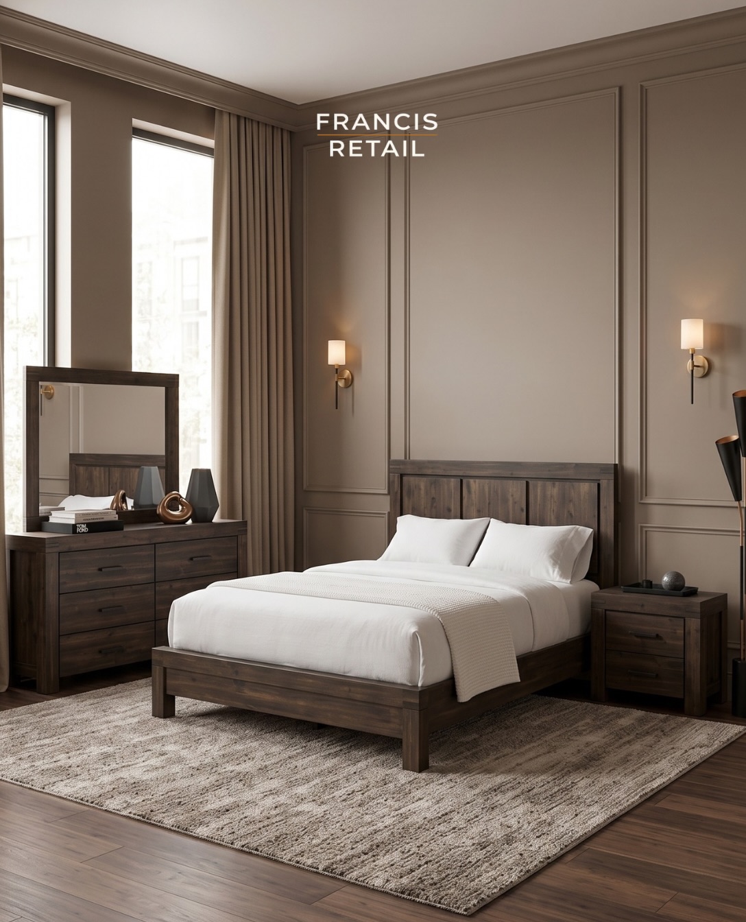 Five pieces, one king bedroom, half the retail price.

Bed frame, dresser, mirror, and nightstands i