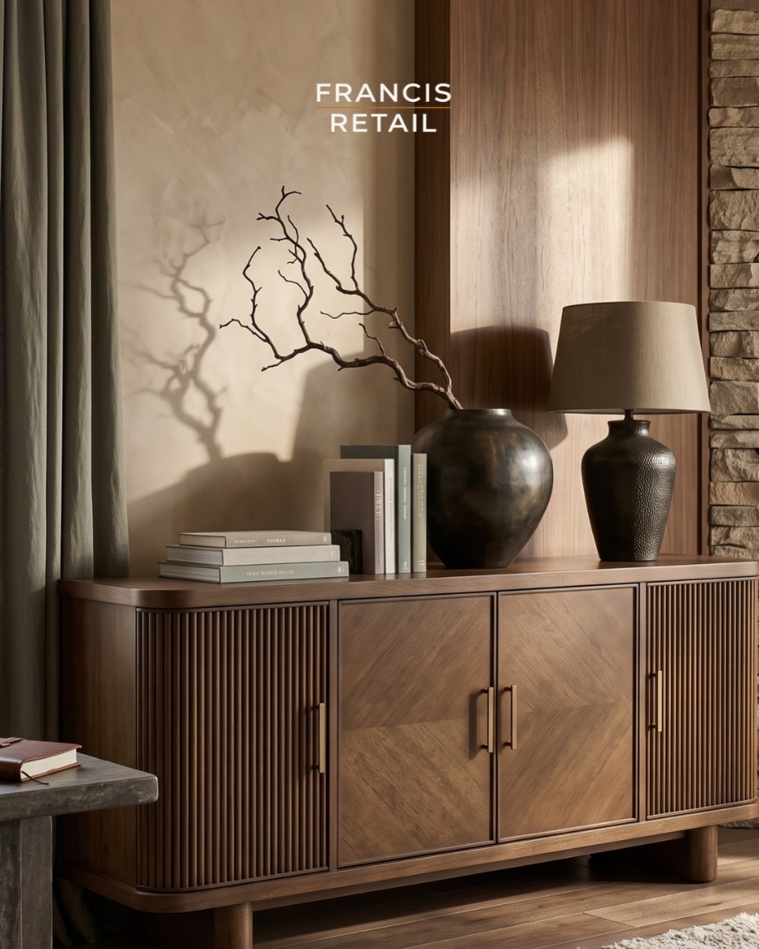 Fluted doors turn a media console into a design piece.

The Montebello 68” Accent Console from Forem