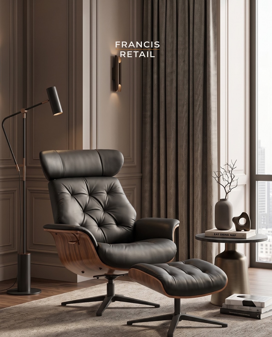 This chair belongs in a mid-century catalog, not a warehouse.

Curved bentwood arms, tufted black le