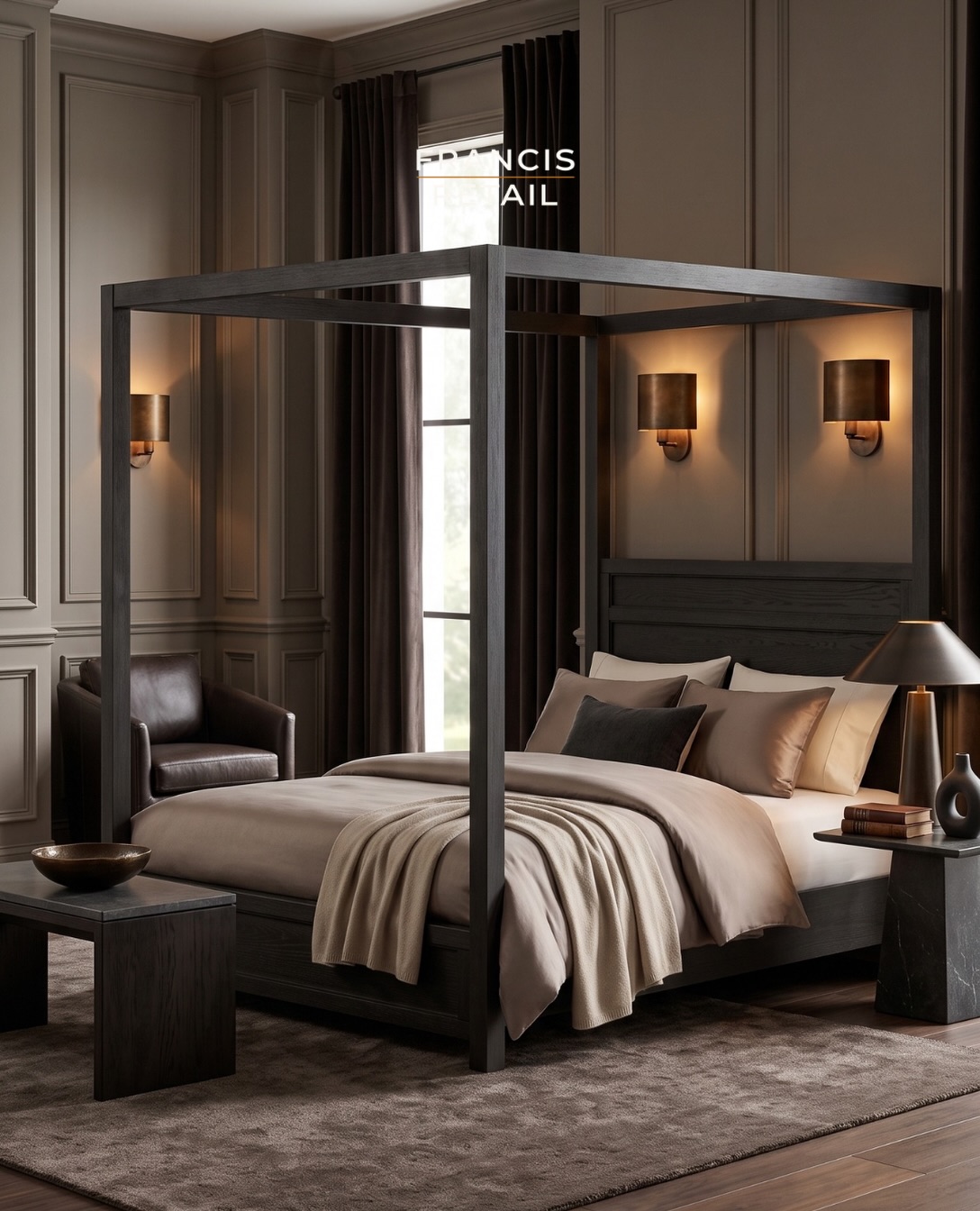 Black canopy frame, 33% off, one left.

A dramatic black canopy bed in queen size, clean modern line
