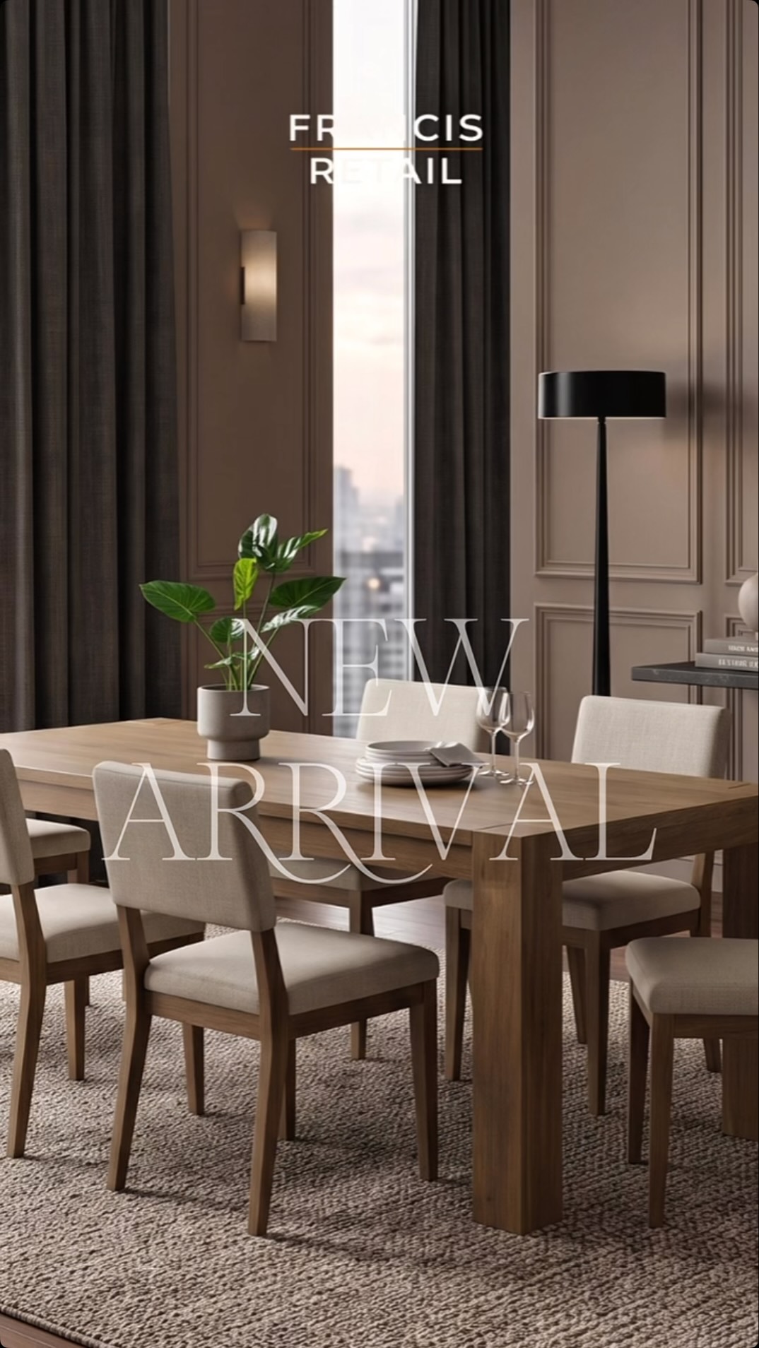 New arrival. Just landed on the floor.

A round oak dining table with a striking X-base, styled unde